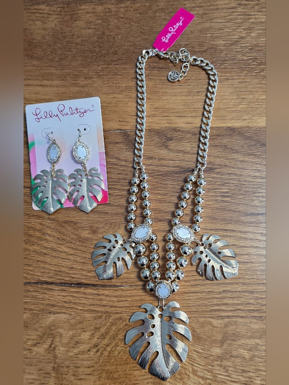 Lilly Pulitzer Gold-Tone Leaf Multi Strand Necklace with Matching Earrings New